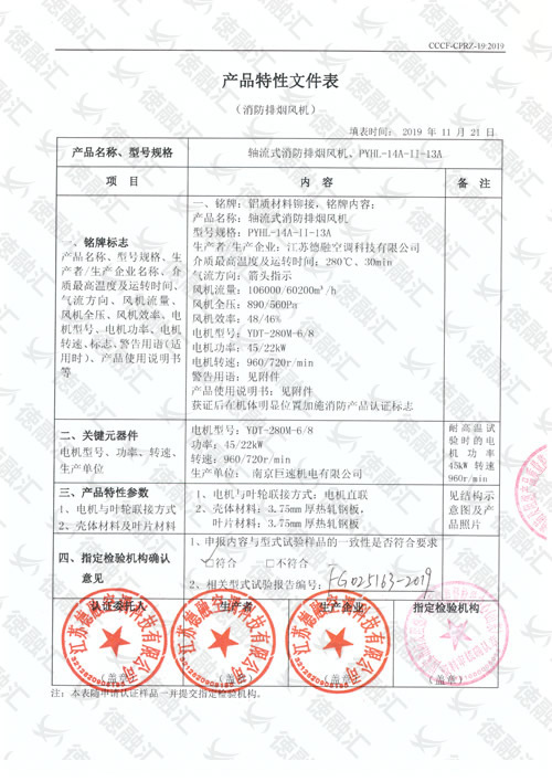 特性 轴流式消防排烟风机／PYHL-14A-Ⅱ-13A-1